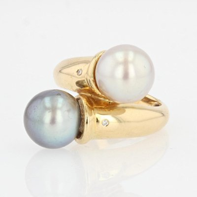 Modern Diamonds , White and Gray Pearl Duo Ring in 18 Karat Yellow Gold-OLU-1044637