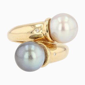 Modern Diamonds , White and Gray Pearl Duo Ring in 18 Karat Yellow Gold-OLU-1044637