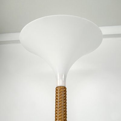 Modern Floor Lamp with Braided Rattan Base and White Witch Hat Shade, 1970s-RY-795868