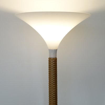 Modern Floor Lamp with Braided Rattan Base and White Witch Hat Shade, 1970s-RY-795868