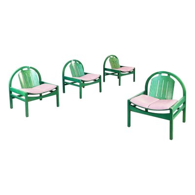 Modern French Pink Leather and Green Wood Argos Armchairs attributed to Baumann, 1970s, Set of 4-GDD-1446856