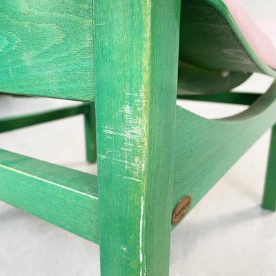 Modern French Pink Leather and Green Wood Argos Armchairs attributed to Baumann, 1970s, Set of 4-GDD-1446856