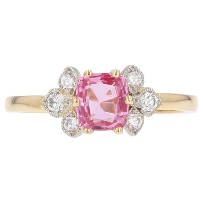 Modern French Pink Sapphire Diamonds & 18 Karat Yellow Gold Thin Ring-OLU-1335857