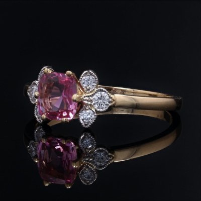 Modern French Pink Sapphire Diamonds & 18 Karat Yellow Gold Thin Ring-OLU-1335857