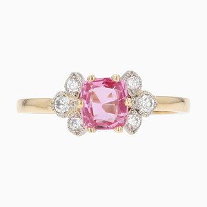 Modern French Pink Sapphire Diamonds & 18 Karat Yellow Gold Thin Ring-OLU-1335857