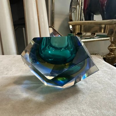 Modern Green and Blue Sommerso Faceted Murano Glass Ashtray from Seguso, 1970s-NMK-2036011