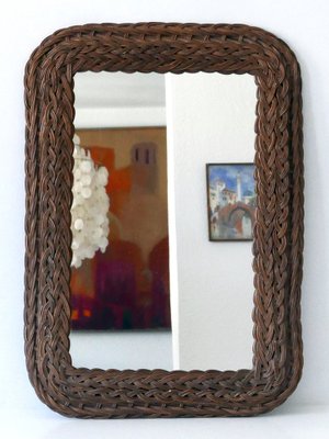 Modern Italian Rattan & Bamboo Rectangular Wall Mirror, 1960s-WPT-1336552