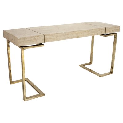 Modern Italian Travertine Top and Brass Chromed Base Console Table, 1970s-UZ-1337238