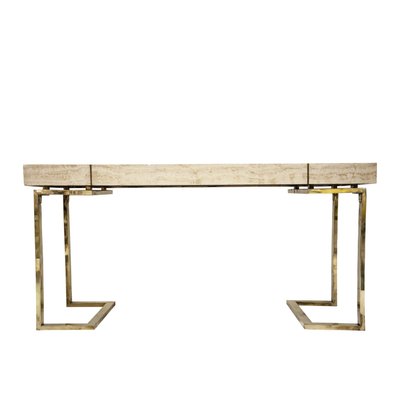 Modern Italian Travertine Top and Brass Chromed Base Console Table, 1970s-UZ-1337238