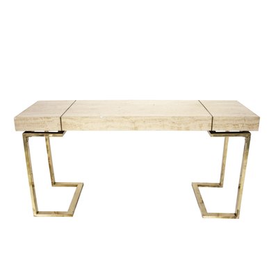 Modern Italian Travertine Top and Brass Chromed Base Console Table, 1970s-UZ-1337238