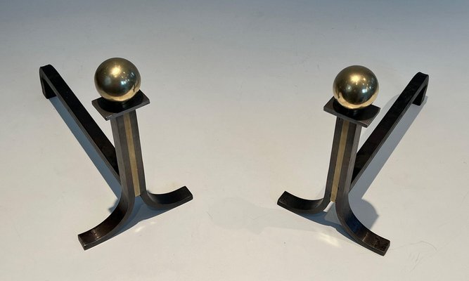 Modern Steel Chenets in Brass and Wrought Iron in the style of Jacques Adnet, 1970s, Set of 2-BA-1481478