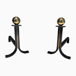 Modern Steel Chenets in Brass and Wrought Iron in the style of Jacques Adnet, 1970s, Set of 2-BA-1481478