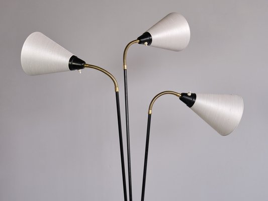 Modern Swedish Adjustable Three Arm Floor Lamp in Metal, Brass and Silk, 1950s-FMT-1727666