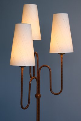 Modern Swedish Sculptural Three Arm Floor Lamp in Elm and Silk, 1930s-FMT-1740257