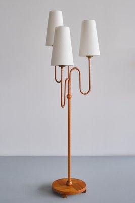 Modern Swedish Sculptural Three Arm Floor Lamp in Elm and Silk, 1930s-FMT-1740257