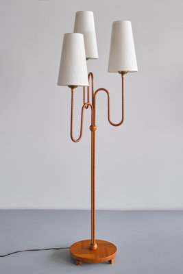 Modern Swedish Sculptural Three Arm Floor Lamp in Elm and Silk, 1930s-FMT-1740257