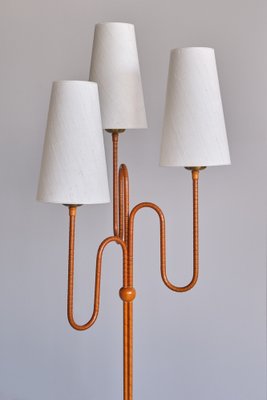 Modern Swedish Sculptural Three Arm Floor Lamp in Elm and Silk, 1930s-FMT-1740257