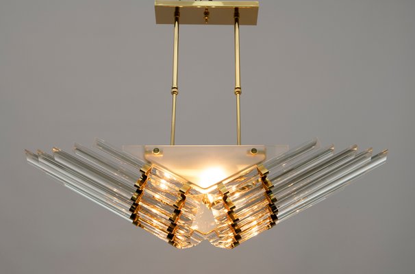 Modern Venini Style Trihedron Ceiling Lamp in Brass and Murano Glass, 1980s-FER-919736