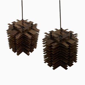 Modernist Brutalist Copper and Metal Hanging Lamps, France, Set of 2-BHG-1316950