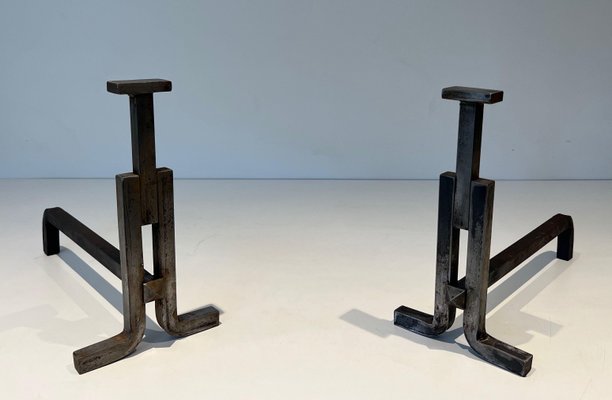 Modernist Cast Iron and Wrought Iron Chenets, 1950s, Set of 2-BA-1786667