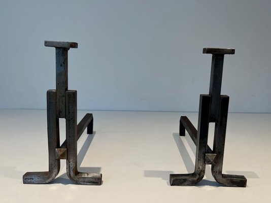 Modernist Cast Iron and Wrought Iron Chenets, 1950s, Set of 2-BA-1786667