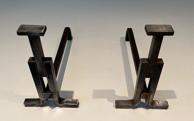 Modernist Cast Iron and Wrought Iron Chenets, 1950s, Set of 2-BA-1786667