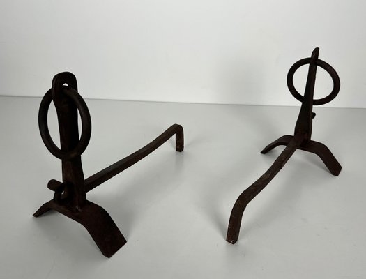 Modernist Chenets in Wrought Iron in the style of Jacques Adnet, 1950s, Set of 2-BA-1786674