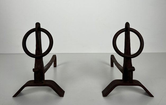 Modernist Chenets in Wrought Iron in the style of Jacques Adnet, 1950s, Set of 2-BA-1786674