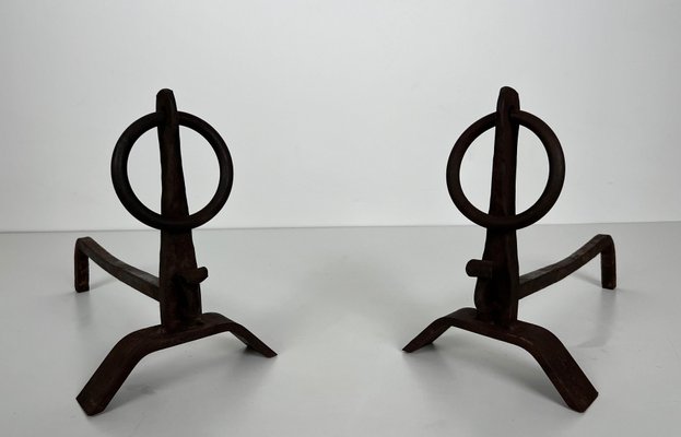 Modernist Chenets in Wrought Iron in the style of Jacques Adnet, 1950s, Set of 2-BA-1786674