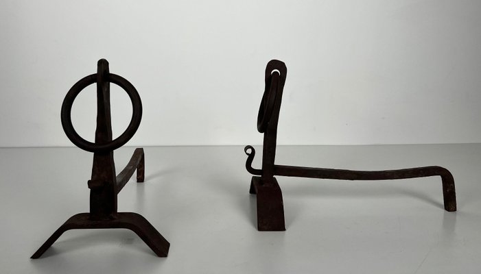 Modernist Chenets in Wrought Iron in the style of Jacques Adnet, 1950s, Set of 2-BA-1786674