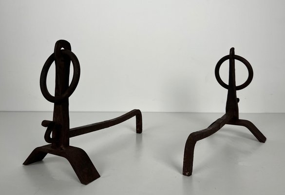 Modernist Chenets in Wrought Iron in the style of Jacques Adnet, 1950s, Set of 2-BA-1786674