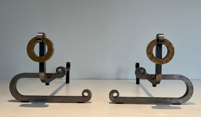 Modernist Chromed Steel Chenets in Brass and Wrought Iron, 1970s, Set of 2-BA-1621390