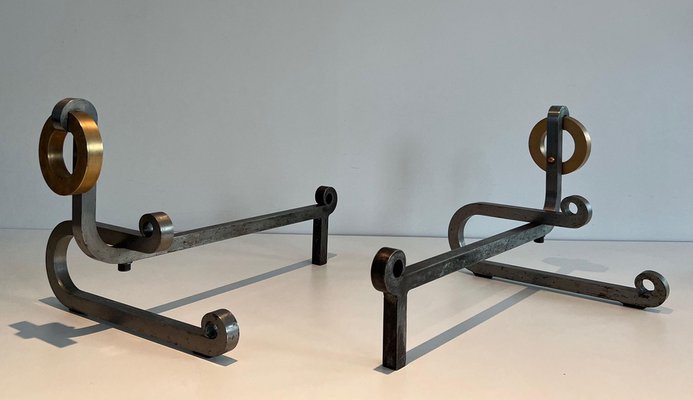 Modernist Chromed Steel Chenets in Brass and Wrought Iron, 1970s, Set of 2-BA-1621390