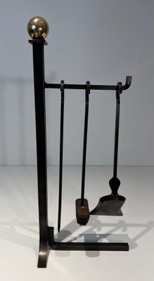 Modernist Fire Tools and Stand in Steel and Brass in the style of Jacques Adnet, 1970s, Set of 4-BA-1786663