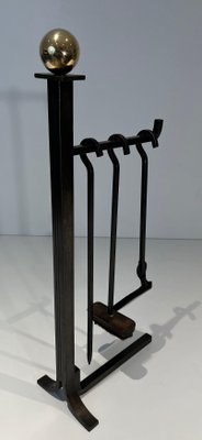 Modernist Fire Tools and Stand in Steel and Brass in the style of Jacques Adnet, 1970s, Set of 4-BA-1786663