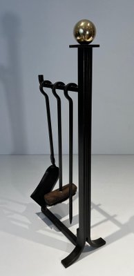 Modernist Fire Tools and Stand in Steel and Brass in the style of Jacques Adnet, 1970s, Set of 4-BA-1786663