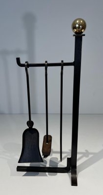 Modernist Fire Tools and Stand in Steel and Brass in the style of Jacques Adnet, 1970s, Set of 4-BA-1786663