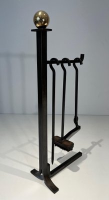 Modernist Fire Tools and Stand in Steel and Brass in the style of Jacques Adnet, 1970s, Set of 4-BA-1786663