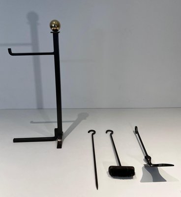 Modernist Fire Tools and Stand in Steel and Brass in the style of Jacques Adnet, 1970s, Set of 4-BA-1786663