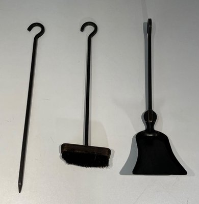 Modernist Fire Tools and Stand in Steel and Brass in the style of Jacques Adnet, 1970s, Set of 4-BA-1786663