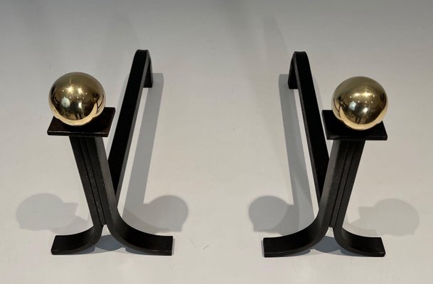 Modernist Steel Chenets in Brass and Wrought Iron in the style of Jacques Adnet, 1970s, Set of 2-BA-1786664