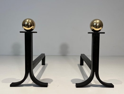 Modernist Steel Chenets in Brass and Wrought Iron in the style of Jacques Adnet, 1970s, Set of 2-BA-1786664