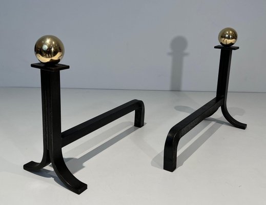 Modernist Steel Chenets in Brass and Wrought Iron in the style of Jacques Adnet, 1970s, Set of 2-BA-1786664