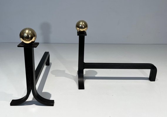 Modernist Steel Chenets in Brass and Wrought Iron in the style of Jacques Adnet, 1970s, Set of 2-BA-1786664