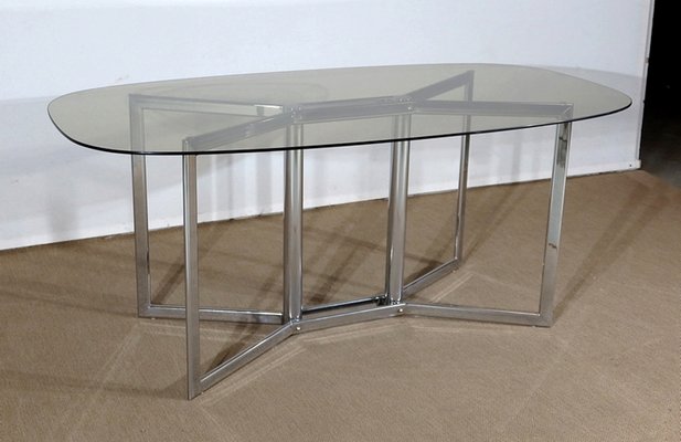 Modernist Table in Chromed Metal and Smoked Glass, 1970s-RVK-1266422