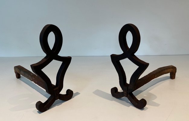 Modernized and Wrought Iron Chenets in the style of Raymond Subes, 1940s, Set of 2-BA-1777323