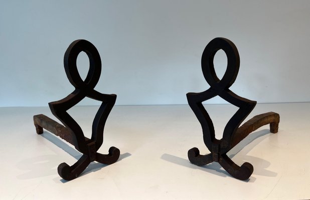 Modernized and Wrought Iron Chenets in the style of Raymond Subes, 1940s, Set of 2-BA-1777323