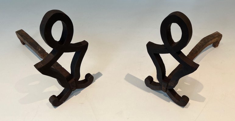 Modernized and Wrought Iron Chenets in the style of Raymond Subes, 1940s, Set of 2-BA-1777323