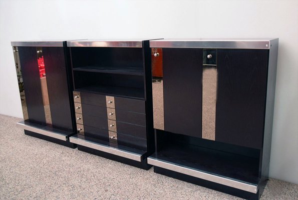 Modular Sideboard in Wengé Wood, Steel and Mirror from Sormani, 1970s, Set of 3-HS-1417390