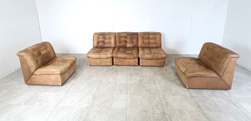 Modular Sofa in Brown Patchwork Leather, 1970s, Set of 5-IRH-1787451